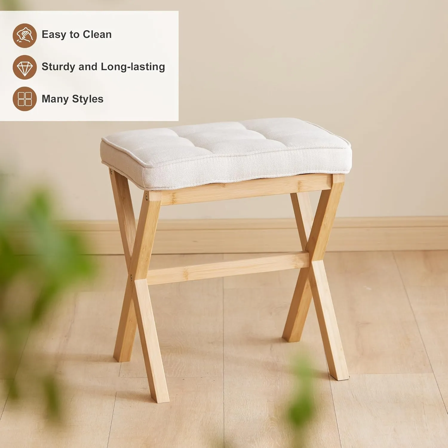 FILWH Foot Stool Small Ottoman Foot Rest Padded Foot Stool Desk Foot Stool for Under Office Desk Vanity Stool Bamboo Footstool Sofa Footrest Shoe Stool Small Foot Stools (Natural Legs   Beige)