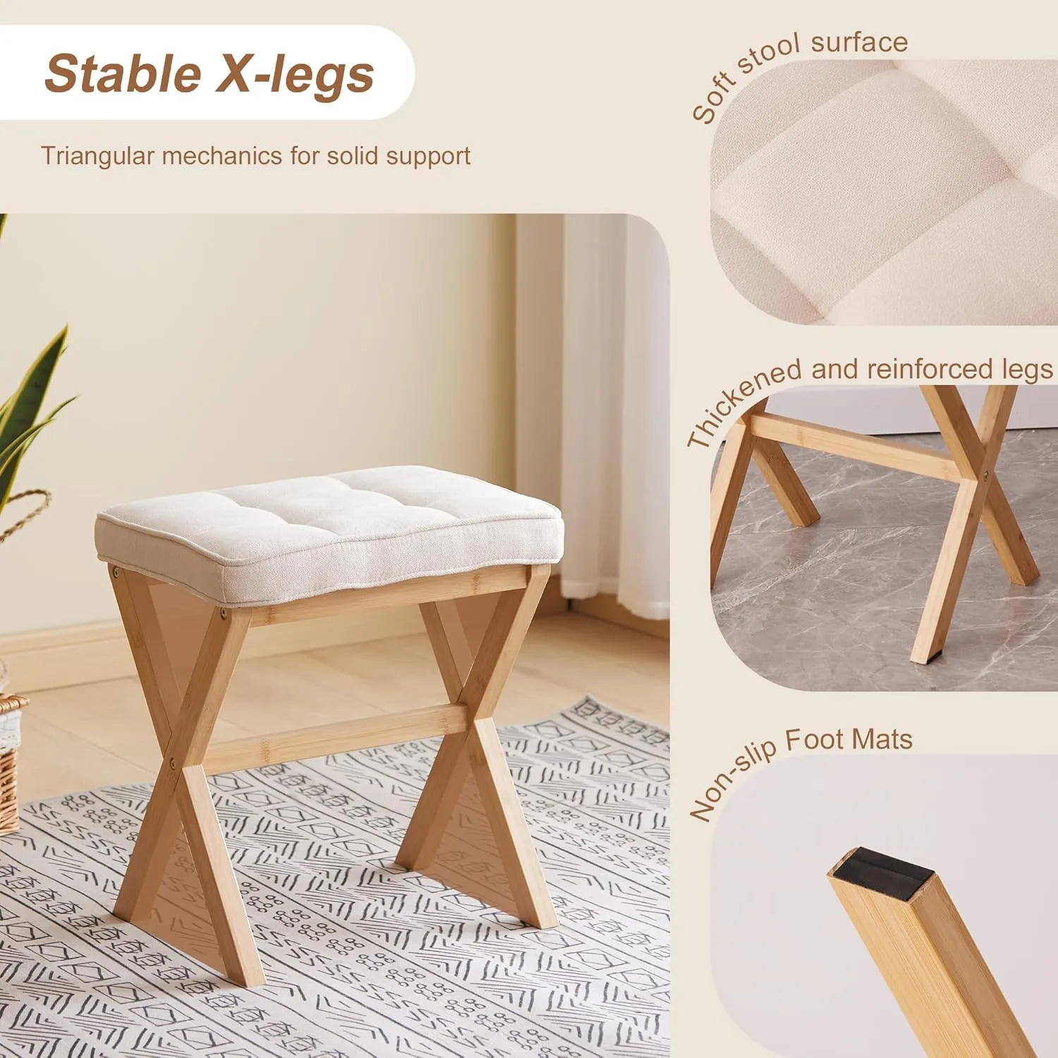 FILWH Foot Stool Small Ottoman Foot Rest Padded Foot Stool Desk Foot Stool for Under Office Desk Vanity Stool Bamboo Footstool Sofa Footrest Shoe Stool Small Foot Stools (Natural Legs   Beige)
