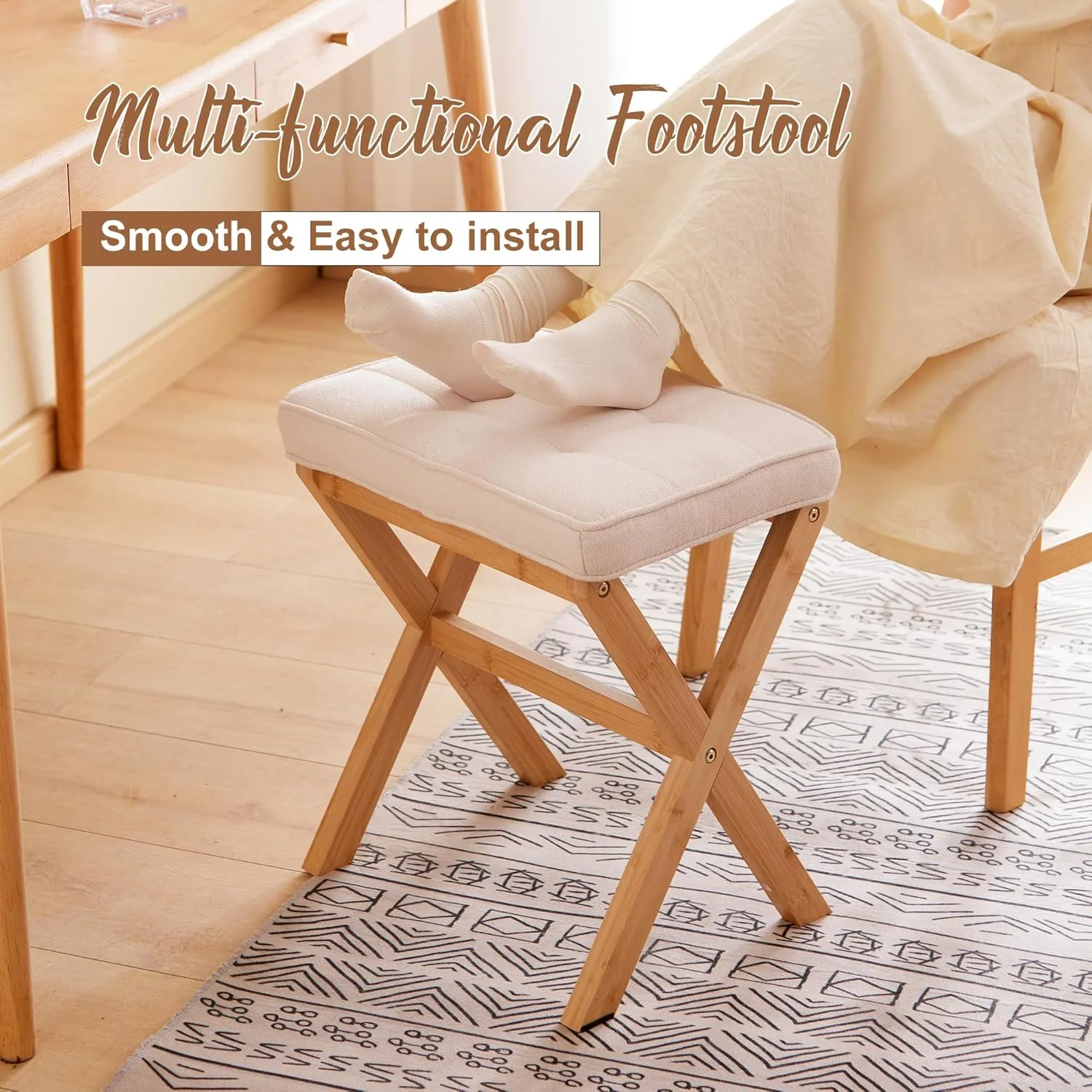 FILWH Foot Stool Small Ottoman Foot Rest Padded Foot Stool Desk Foot Stool for Under Office Desk Vanity Stool Bamboo Footstool Sofa Footrest Shoe Stool Small Foot Stools (Natural Legs   Beige)