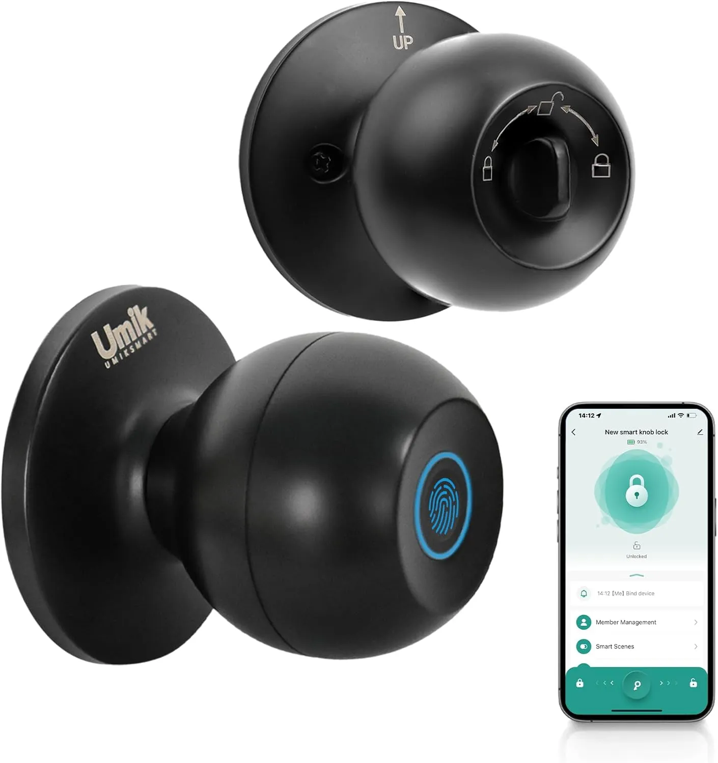 Fingerprint Door Lock Knob, Keyless Entry Door Lock with App Control, Biometric Door Lock for Bedroom, Home, Apartment Office (Matte Black)