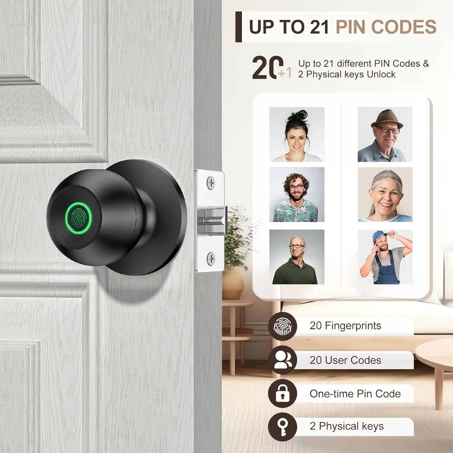 Fingerprint Door Lock，Smart Door Knob, Smart Lock Biometric Door Lock Fingerprint Door knob with App Control Suitable for Bedroom,Utility Room,Apartments Offices,Hotels(Black)