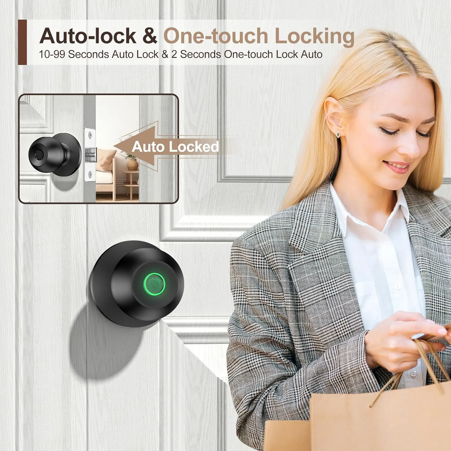 Fingerprint Door Lock，Smart Door Knob, Smart Lock Biometric Door Lock Fingerprint Door knob with App Control Suitable for Bedroom,Utility Room,Apartments Offices,Hotels(Black)