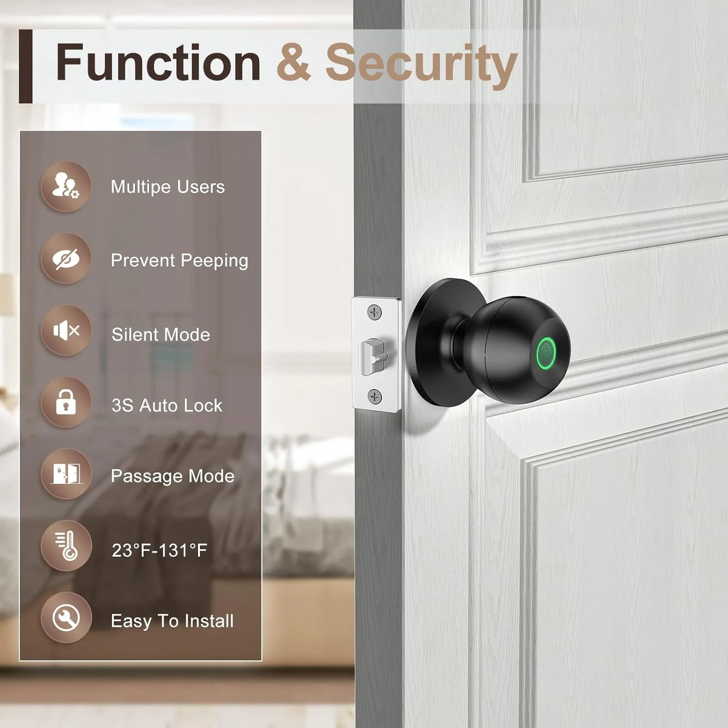 Fingerprint Door Lock，Smart Door Knob, Smart Lock Biometric Door Lock Fingerprint Door knob with App Control Suitable for Bedroom,Utility Room,Apartments Offices,Hotels(Black)