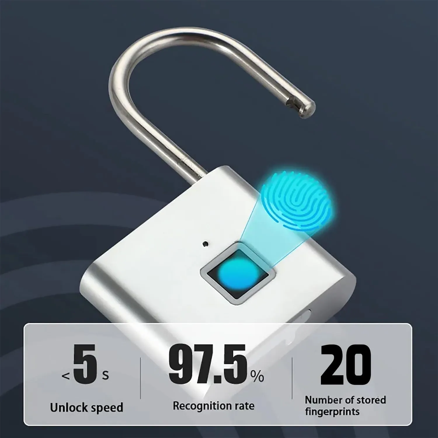 Fingerprint Padlock, Locker Lock, Keyless Biometric Padlock Fingerprint Lock Combination Gate Locks for Outdoor Storage Gym Lock USB Rechargeable - Silver
