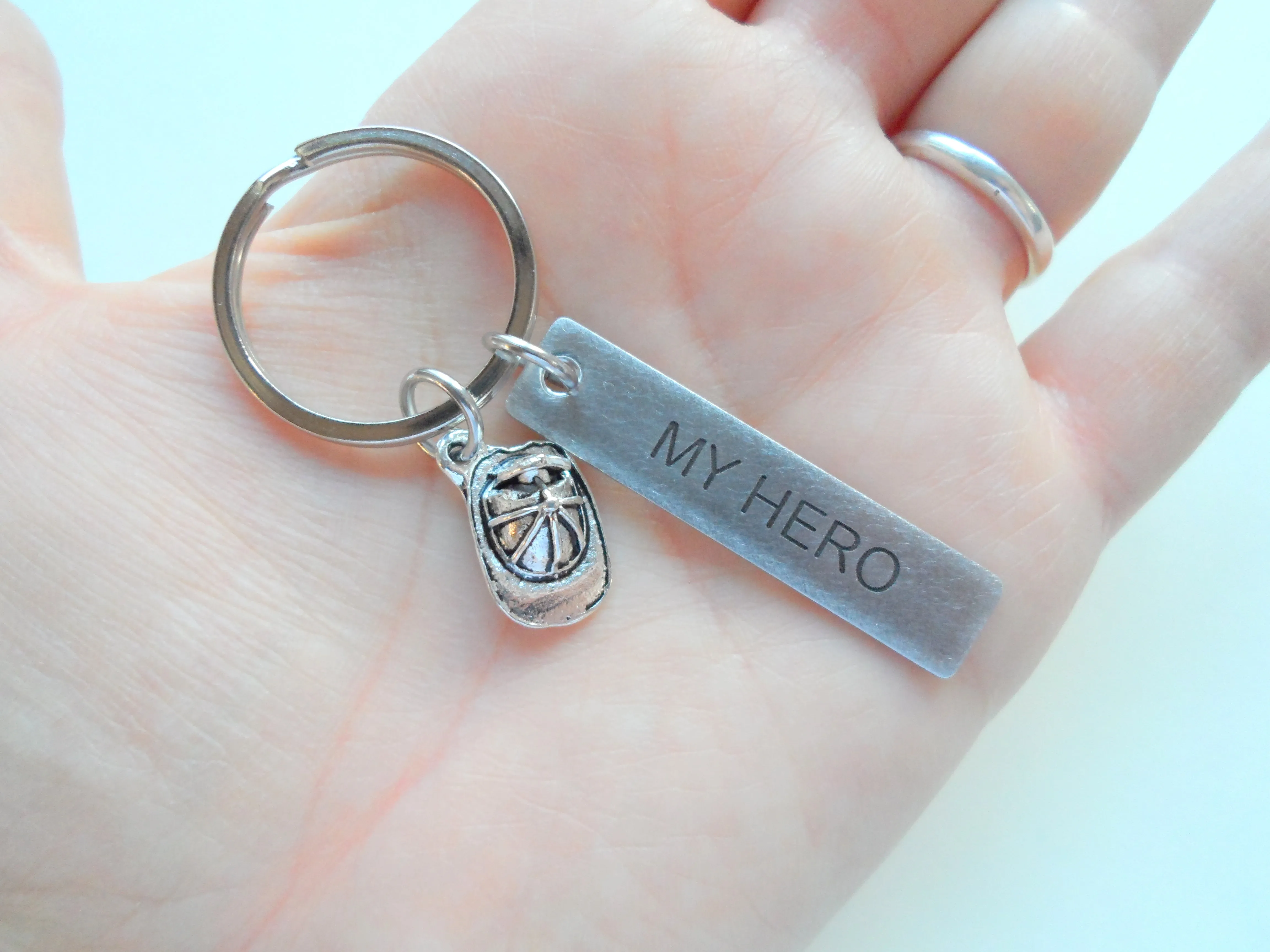 Firefighter Hat "My Hero" Keychain, Engraved Steel Tag Keychain