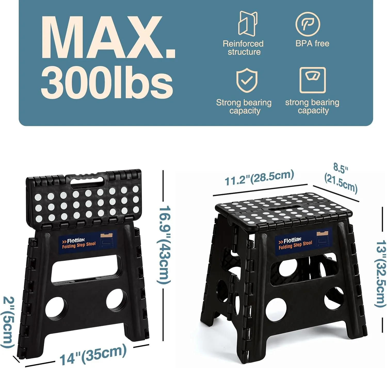 Flottian 13" Folding Step Stool for Adults and Kids Holds Up to 300 lbs,Non-Slip Folding Stools with Handle, Compact Plastic Foldable Step Stool for Bathroom,Bedroom, Kitchen Gray,1PC