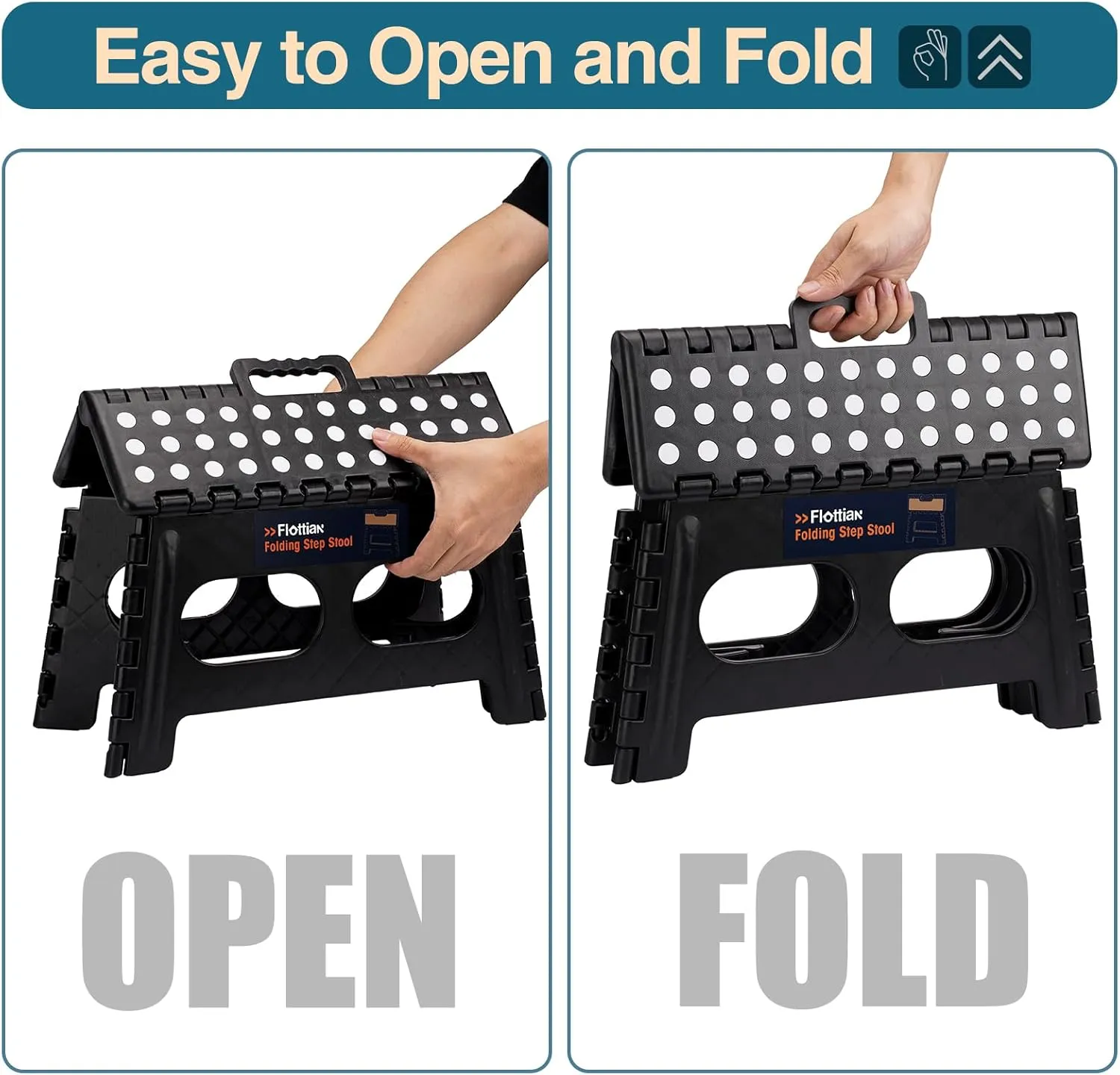 Flottian 9" Folding Step Stool for Adults and Kids 15-Inch Extra Wide Stool Holds Up to 300 lbs,Non-Slip Folding Stools with Handle,Compact Plastic Foldable Step Stool for Bathroom,Kitchen,ect