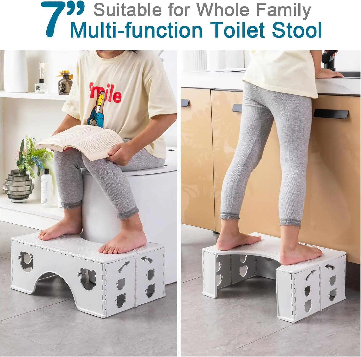 Foldable Toilet Stool, 7 inches Healthy Squatting Posture Poop Stool with Anti-Slip Feet by CHEAGO, Portable Travel Foot Stool for Toilet, Unique Folding Design Compact&Wide footrest (Cloud Grey)