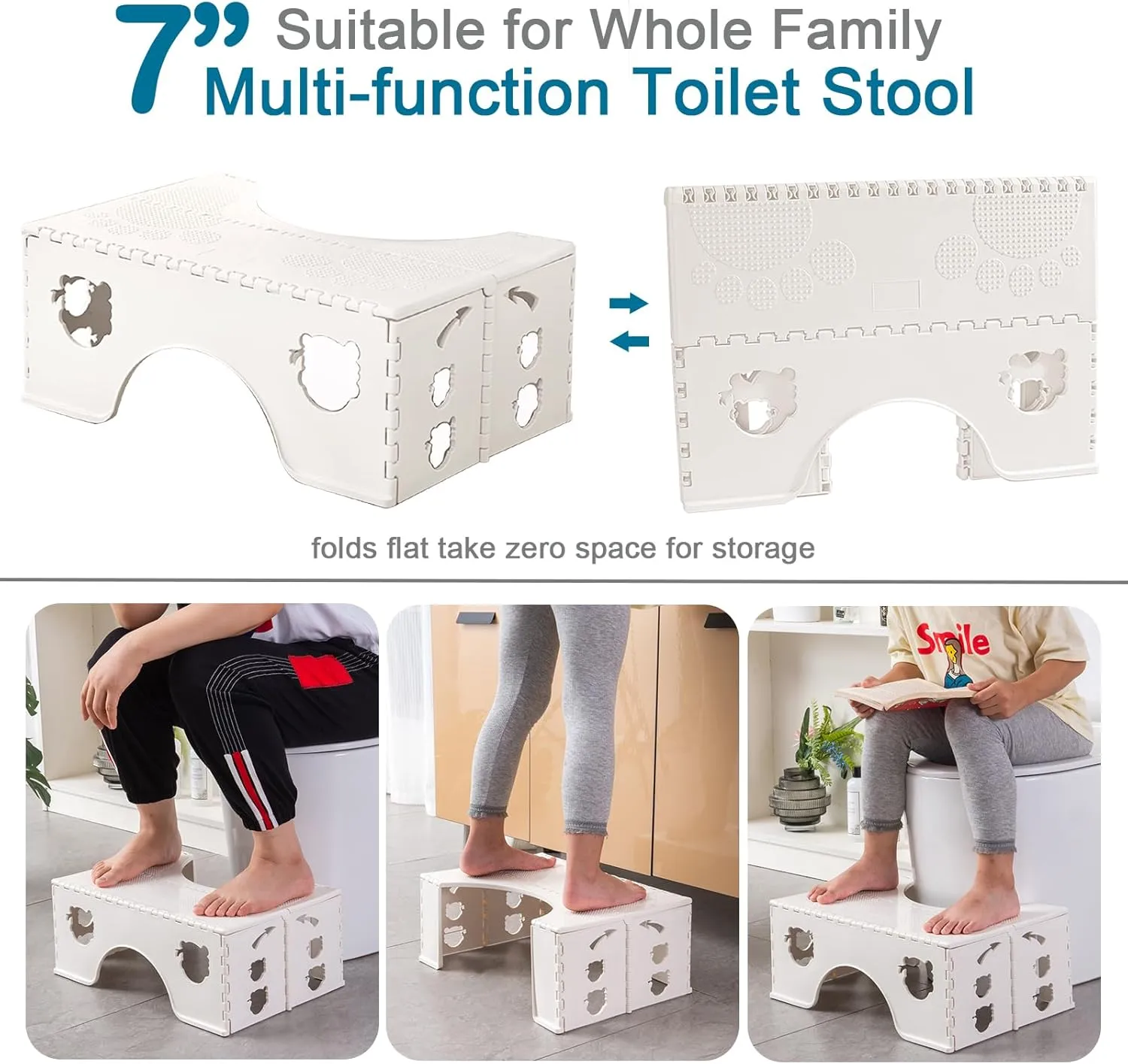 Foldable Toilet Stool, 7 inches Healthy Squatting Posture Poop Stool with Anti-Slip Feet by CHEAGO, Portable Travel Foot Stool for Toilet, Unique Folding Design Compact&Wide footrest (Snow White)