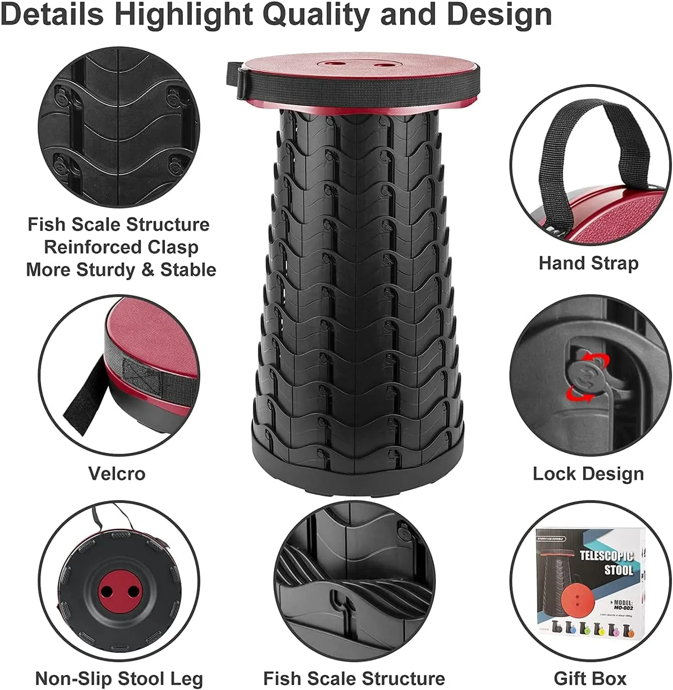 Folding Adjustable Camping Stool, Portable Telescoping Folding Stool with Backpack Pad, Upgraded Collapsible and Retractable Chair with Max Load Capacity 400lbs (Gray)