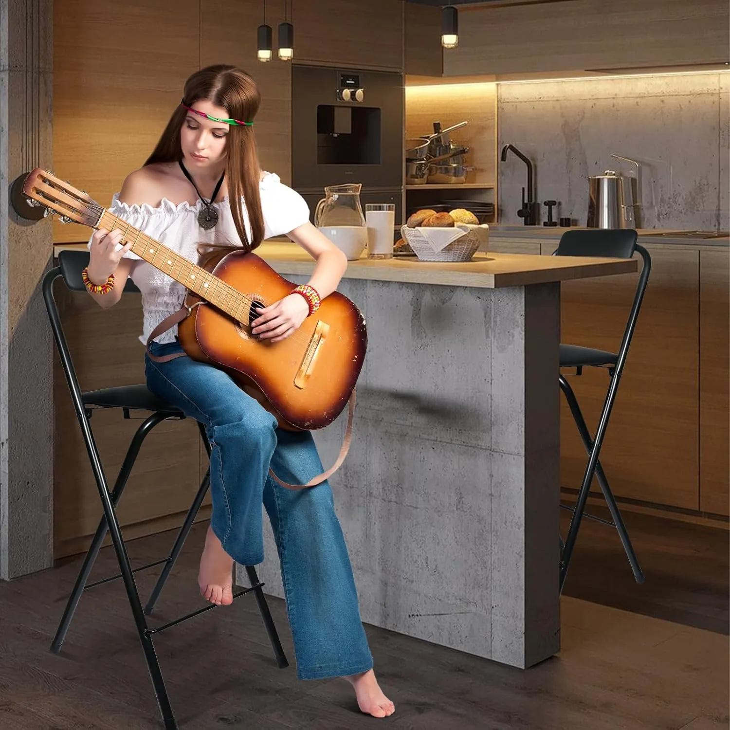 Folding Bar Stool with Back, Tall Foldable Stool Chair Portable Adult Collapsible Stools Counter Height Seat Leather Padded Kitchen Shop Cafe