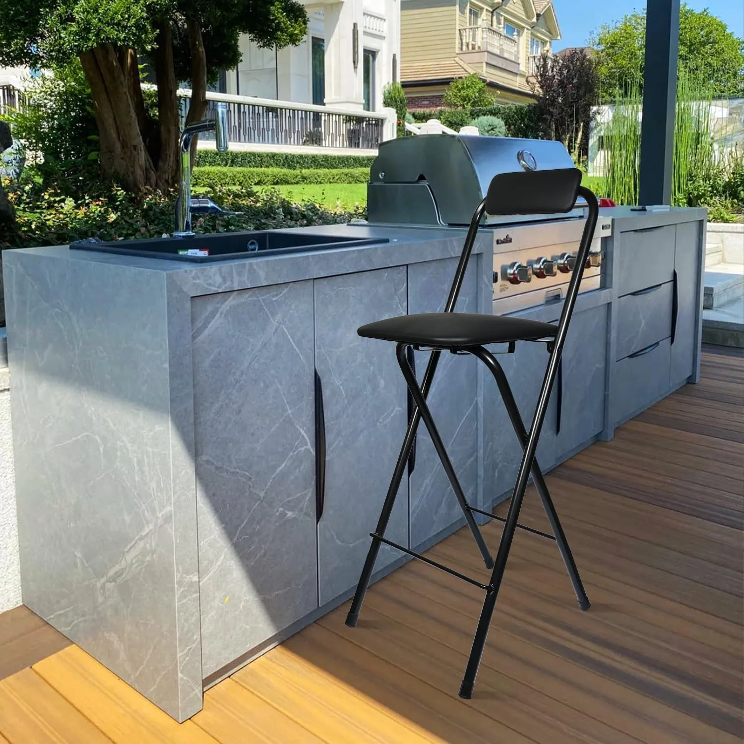Folding Bar Stool with Back, Tall Foldable Stool Chair Portable Adult Collapsible Stools Counter Height Seat Leather Padded Kitchen Shop Cafe