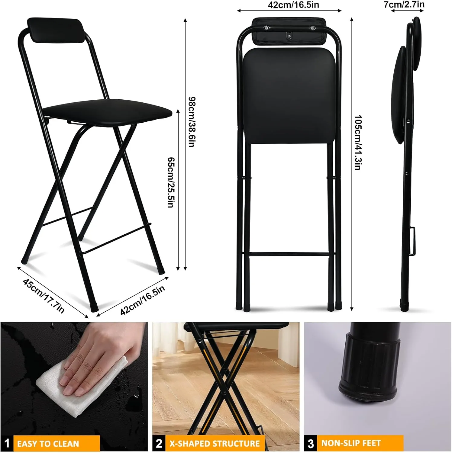 Folding Bar Stool with Back, Tall Foldable Stool Chair Portable Adult Collapsible Stools Counter Height Seat Leather Padded Kitchen Shop Cafe
