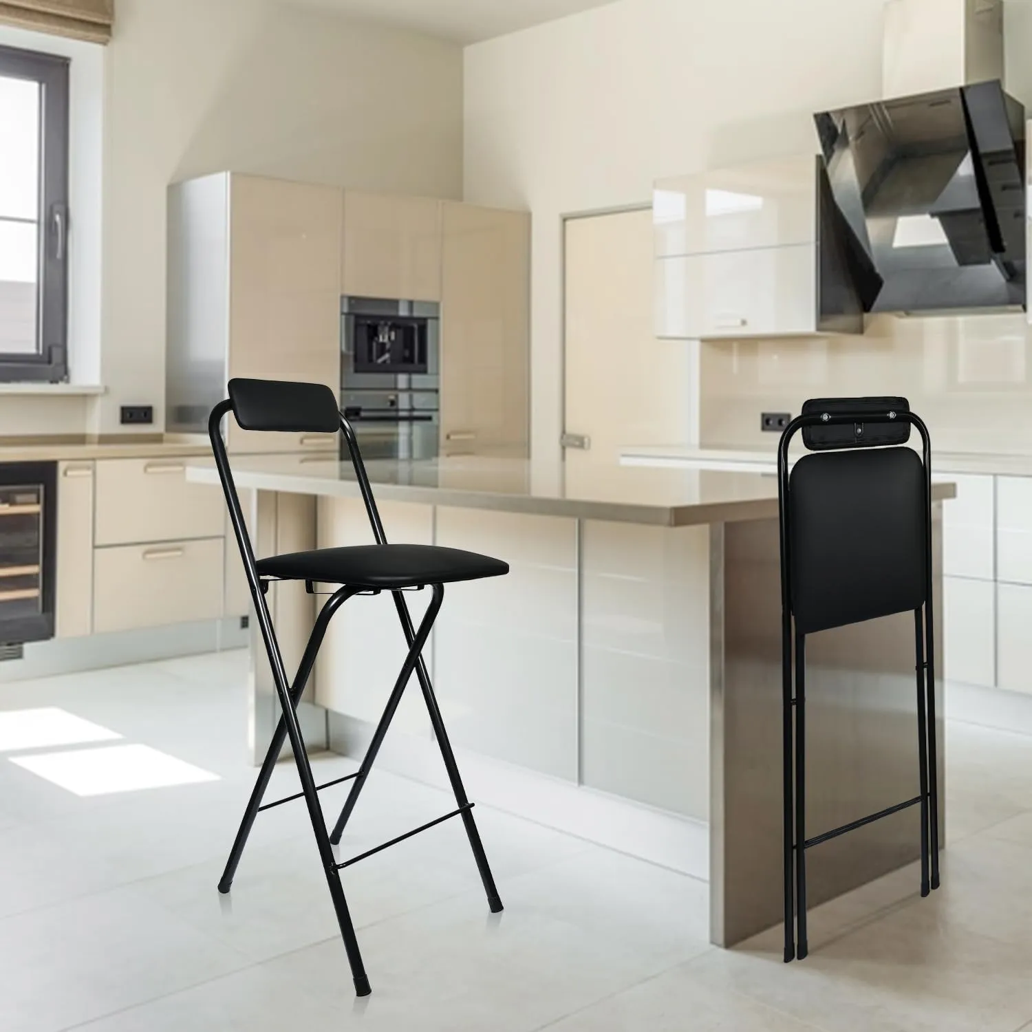 Folding Bar Stool with Back, Tall Foldable Stool Chair Portable Adult Collapsible Stools Counter Height Seat Leather Padded Kitchen Shop Cafe