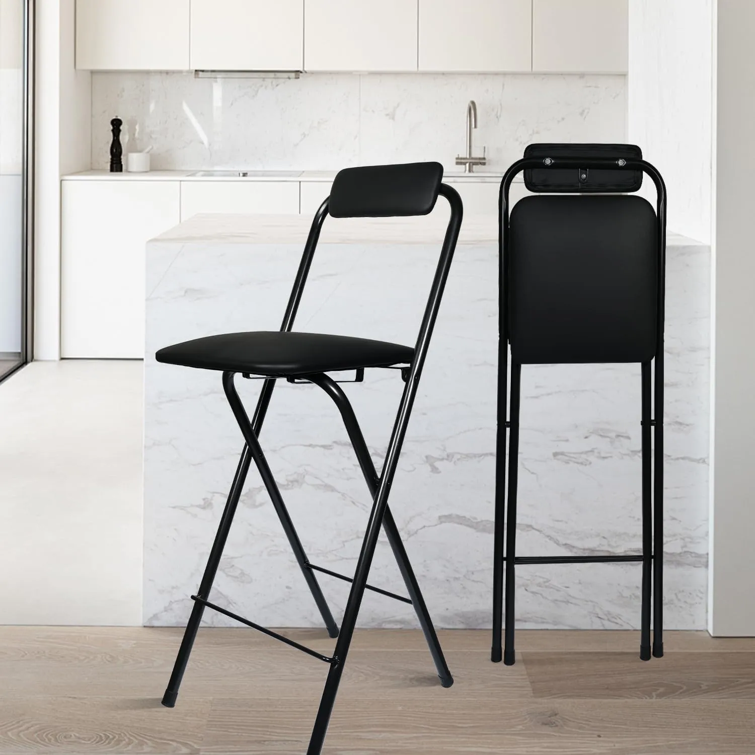 Folding Bar Stool with Back, Tall Foldable Stool Chair Portable Adult Collapsible Stools Counter Height Seat Leather Padded Kitchen Shop Cafe