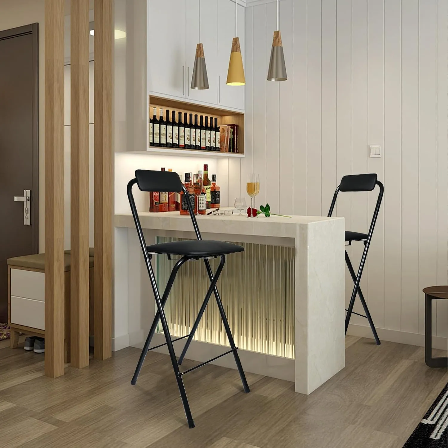 Folding Bar Stool with Back, Tall Foldable Stool Chair Portable Adult Collapsible Stools Counter Height Seat Leather Padded Kitchen Shop Cafe