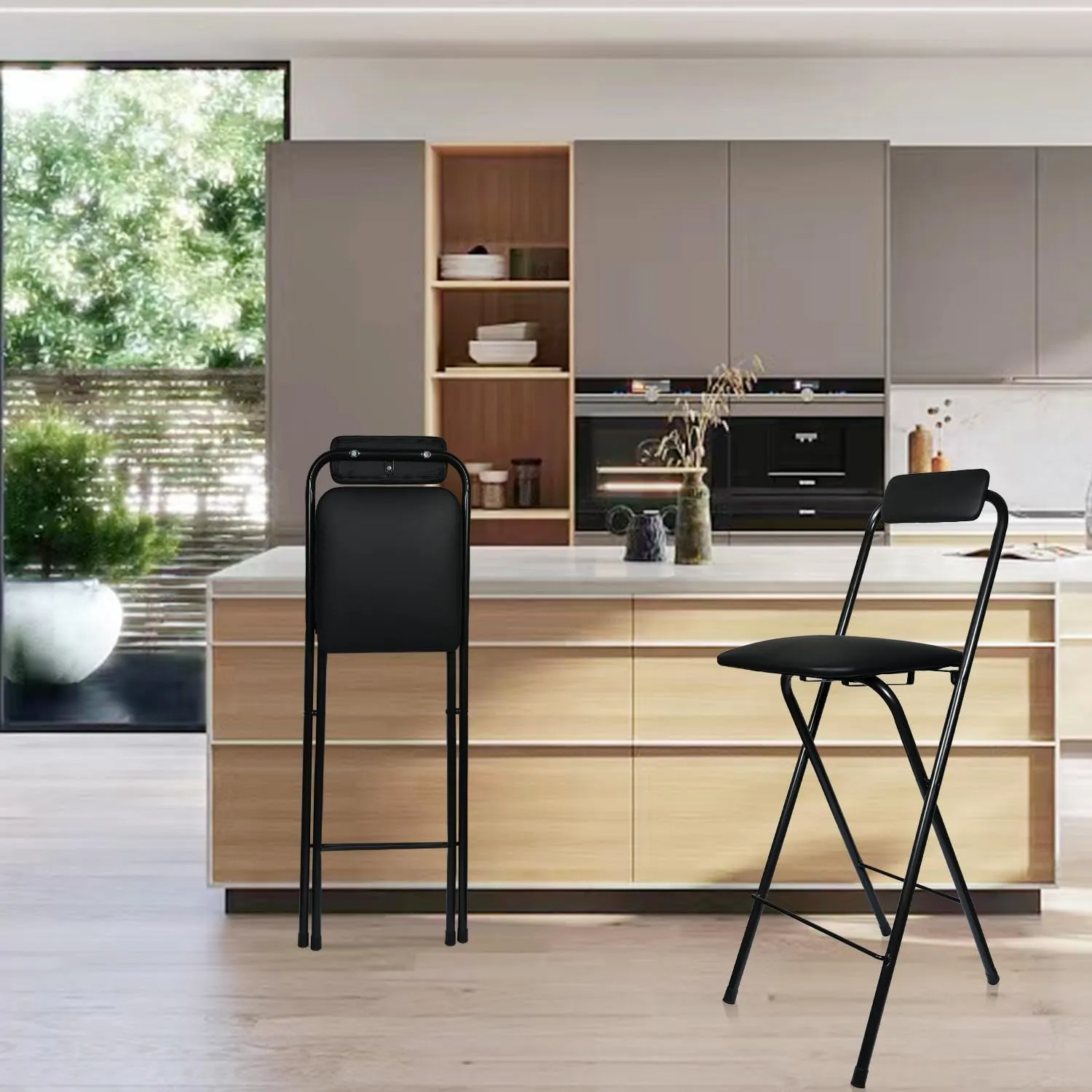 Folding Bar Stool with Back, Tall Foldable Stool Chair Portable Adult Collapsible Stools Counter Height Seat Leather Padded Kitchen Shop Cafe