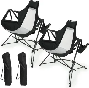 Folding Portable Rocking Hammock Camping Chair with Adjustable Back, Pillow, and Cup Holder, for Outdoor Travel, Black (2pcs)