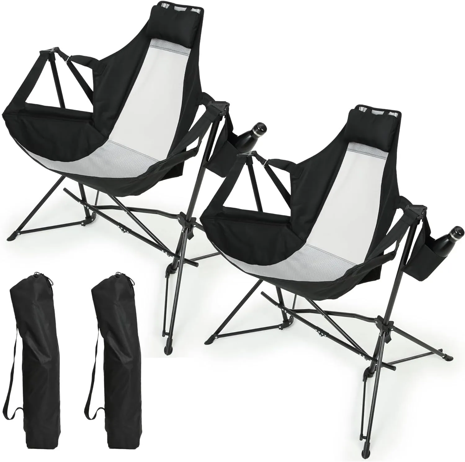 Folding Portable Rocking Hammock Camping Chair with Adjustable Back, Pillow, and Cup Holder, for Outdoor Travel, Black (2pcs)