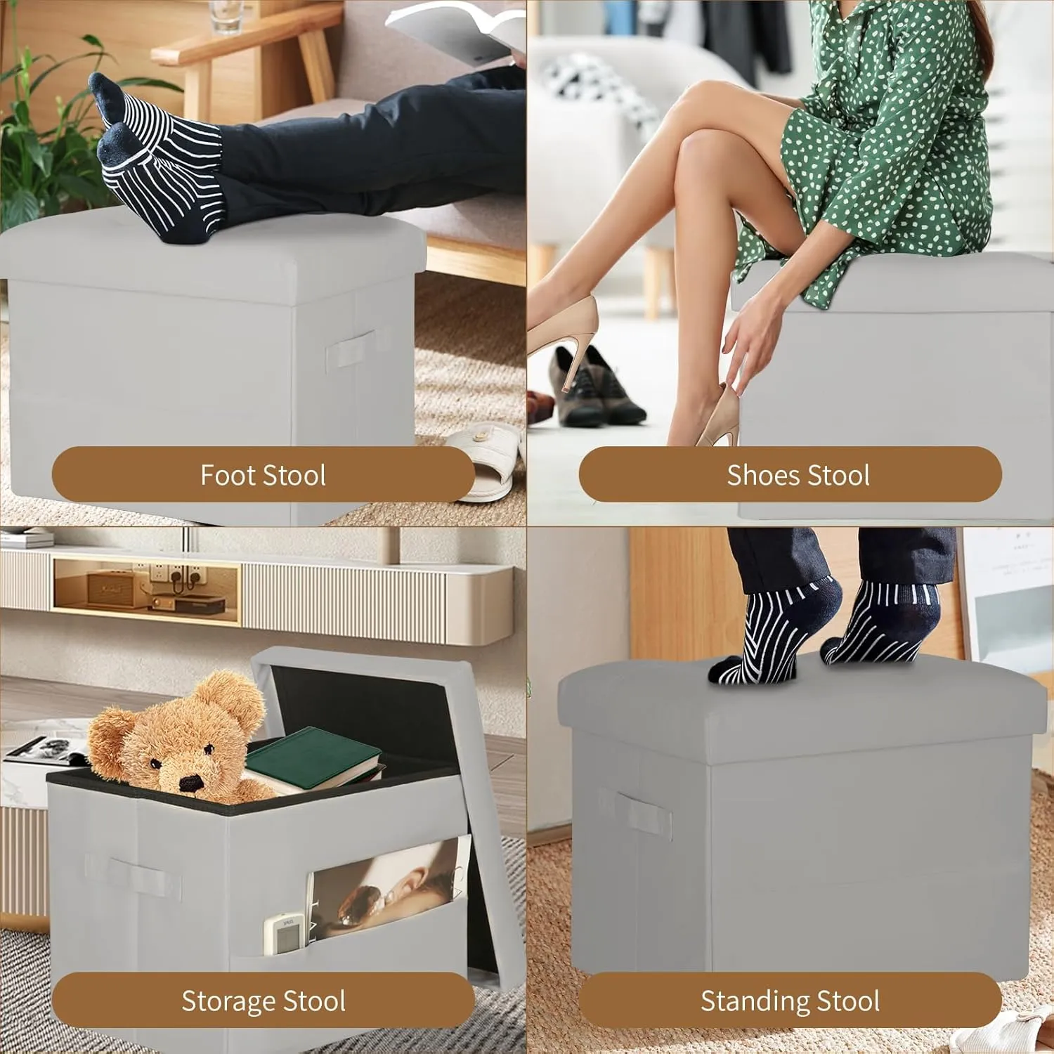 Folding Storage Ottoman. Foot Rest Stool with Thicker Foam Padded Seat. 330 lbs Leather Ottoman with Storage Bench for Living Room, Bedroom, Home Office Table, 17x13x13in, Grey