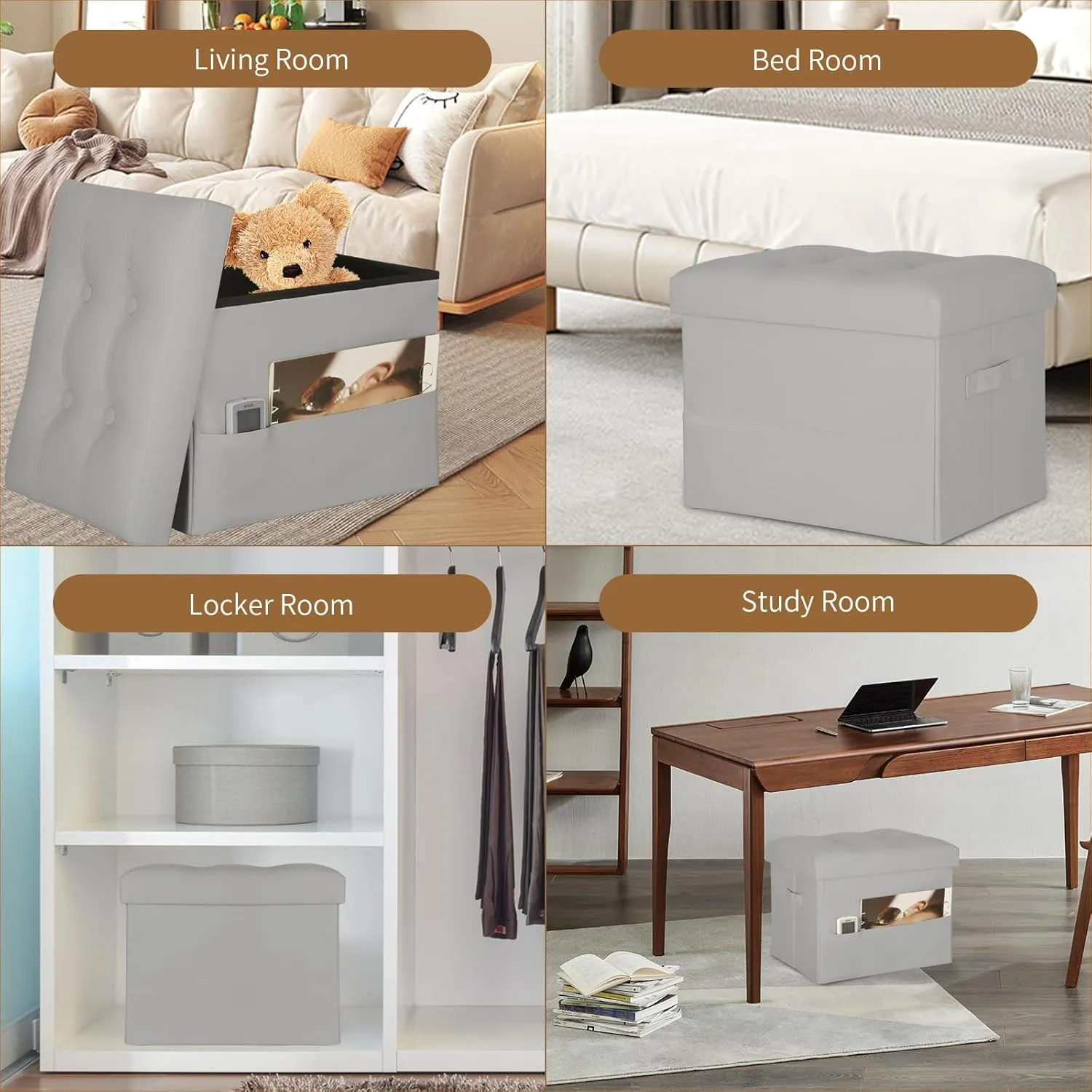 Folding Storage Ottoman. Foot Rest Stool with Thicker Foam Padded Seat. 330 lbs Leather Ottoman with Storage Bench for Living Room, Bedroom, Home Office Table, 17x13x13in, Grey