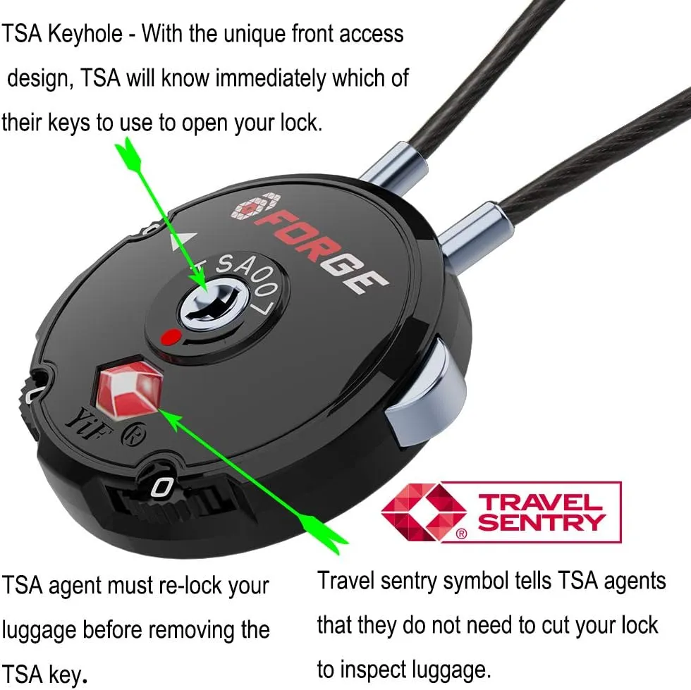 Forge Quality TSA Approved Luggage Locks for Travel Accessories, Suitcase, Pelican case, Ammo Boxes, Set Your own Combination, Zinc Alloy Body-Cable Black 2 Locks