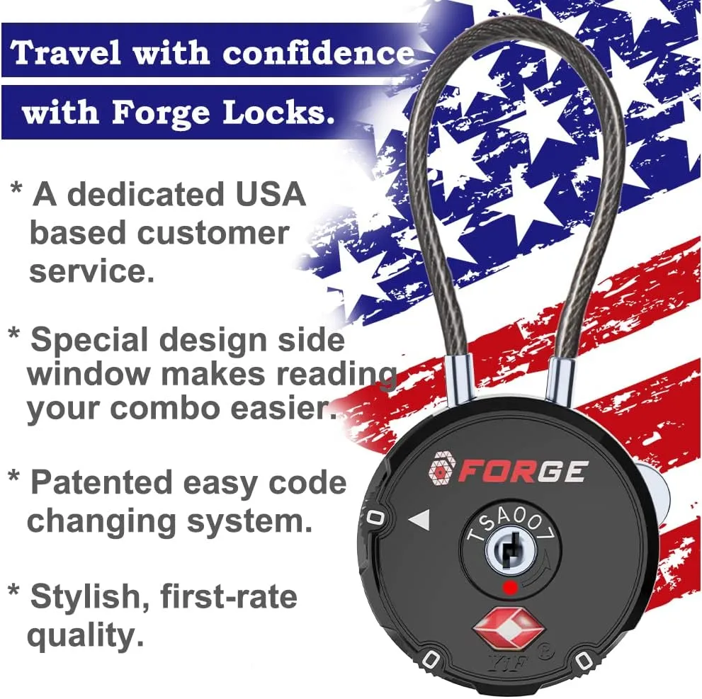 Forge Quality TSA Approved Luggage Locks for Travel Accessories, Suitcase, Pelican case, Ammo Boxes, Set Your own Combination, Zinc Alloy Body-Cable Black 2 Locks