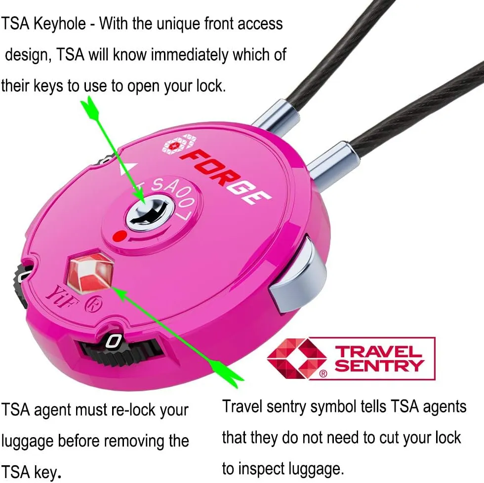 Forge Quality TSA Approved Luggage Locks for Travel Accessories, Suitcase, Pelican case, Set Your own Combination, Zinc Alloy Body-Cable Locks Pink 2 Locks