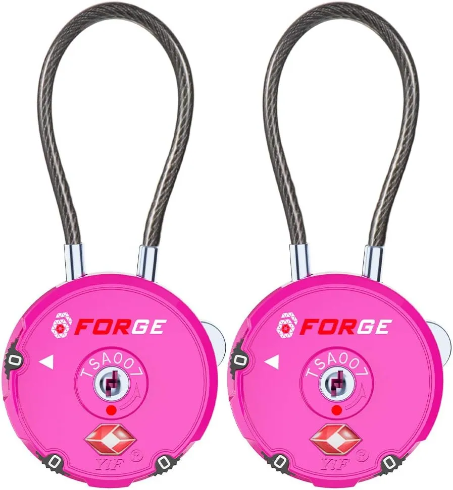 Forge Quality TSA Approved Luggage Locks for Travel Accessories, Suitcase, Pelican case, Set Your own Combination, Zinc Alloy Body-Cable Locks Pink 2 Locks