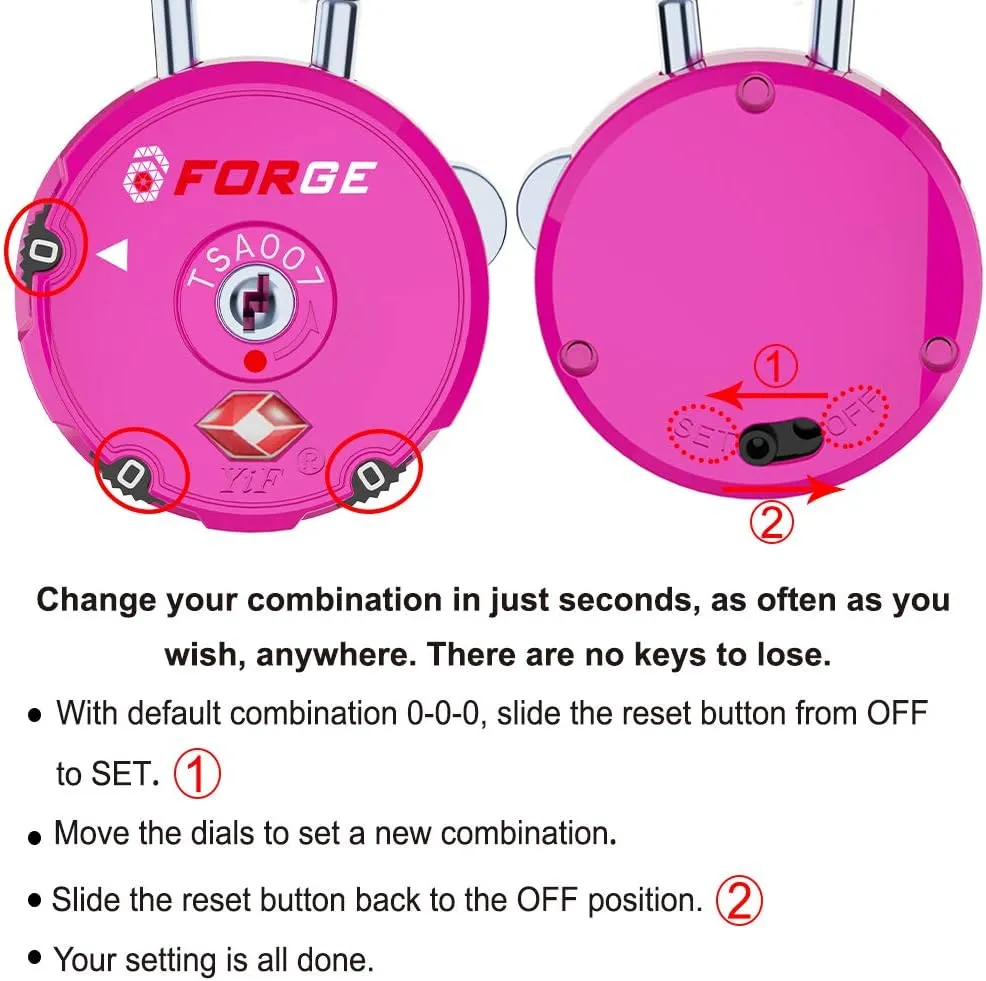 Forge Quality TSA Approved Luggage Locks for Travel Accessories, Suitcase, Pelican case, Set Your own Combination, Zinc Alloy Body-Cable Locks Pink 2 Locks