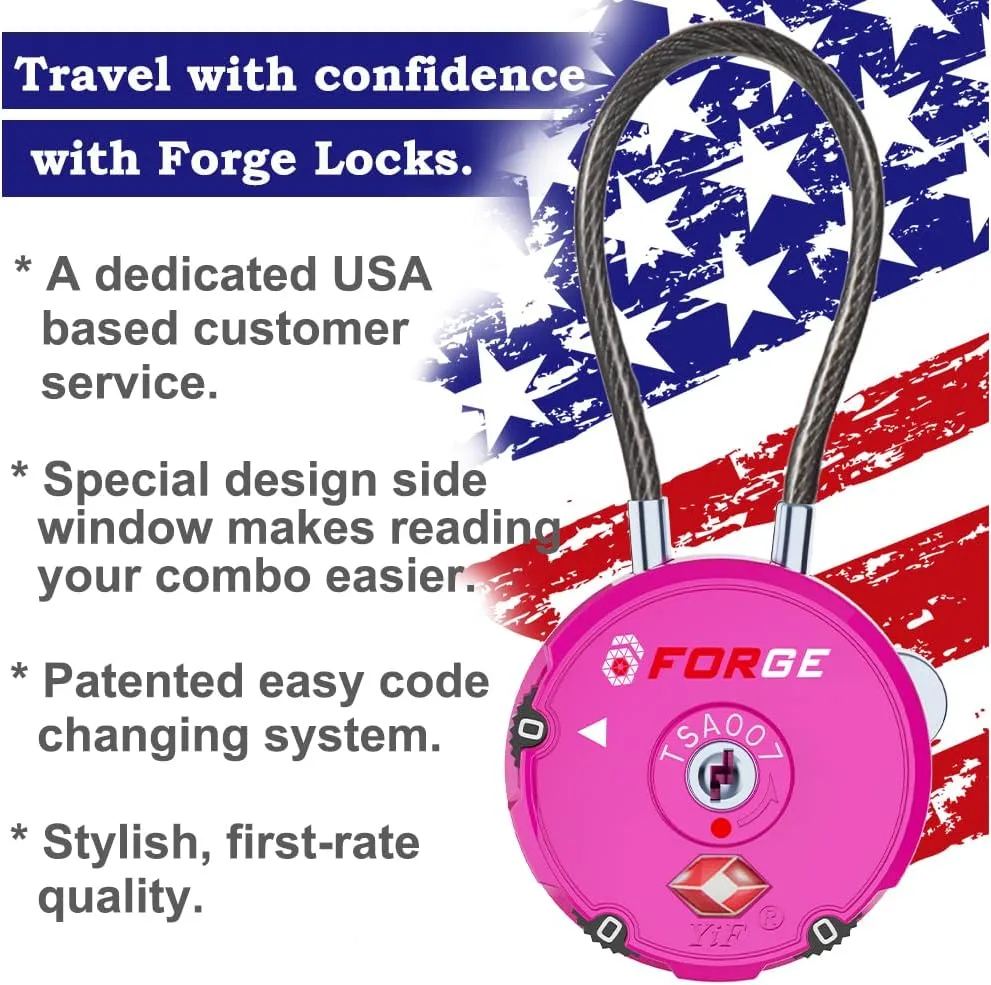 Forge Quality TSA Approved Luggage Locks for Travel Accessories, Suitcase, Pelican case, Set Your own Combination, Zinc Alloy Body-Cable Locks Pink 2 Locks