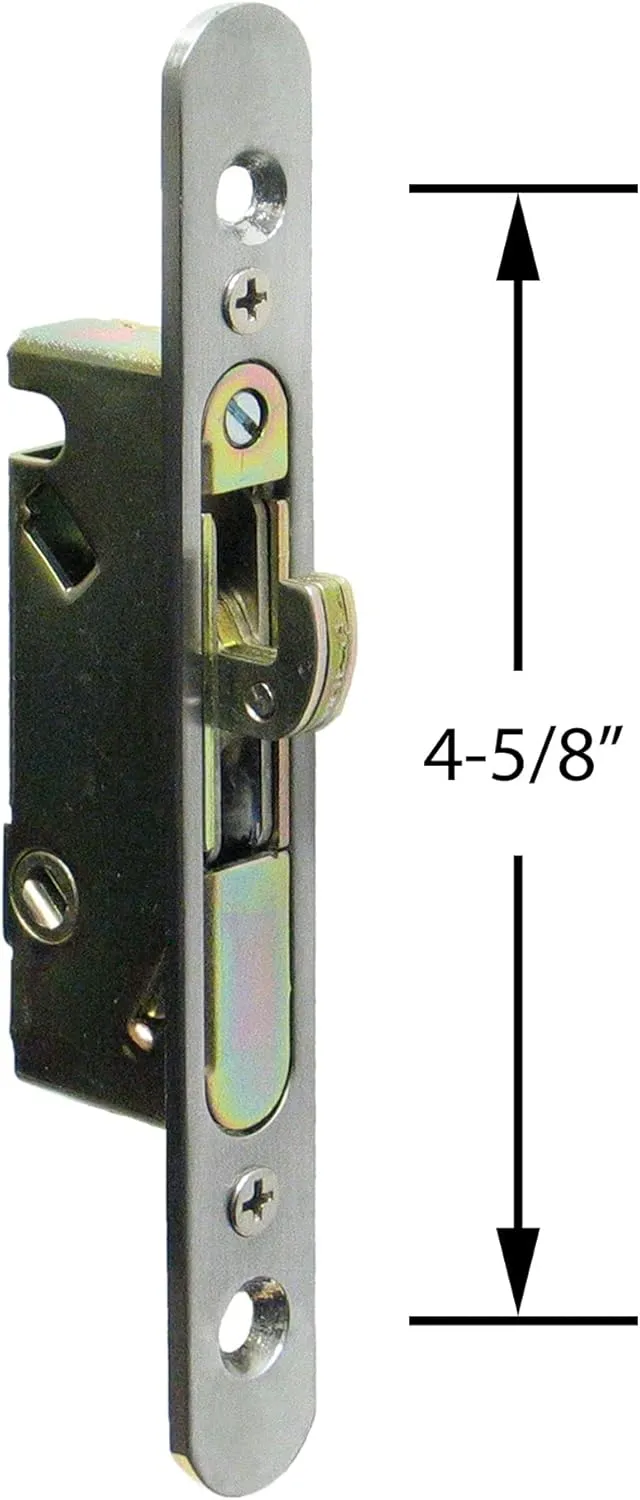 FPL #3-45-S Sliding Glass Door Replacement Mortise Lock with Adapter Plate, 4-5/8” Screw Holes, 45 Degree Keyway- Satin Nickel Finish