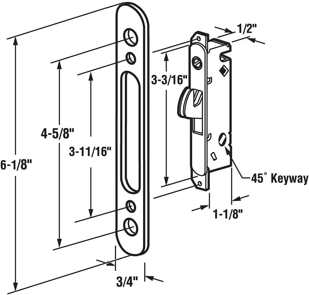FPL #3-45-S Sliding Glass Door Replacement Mortise Lock with Adapter Plate, 4-5/8” Screw Holes, 45 Degree Keyway- Satin Nickel Finish