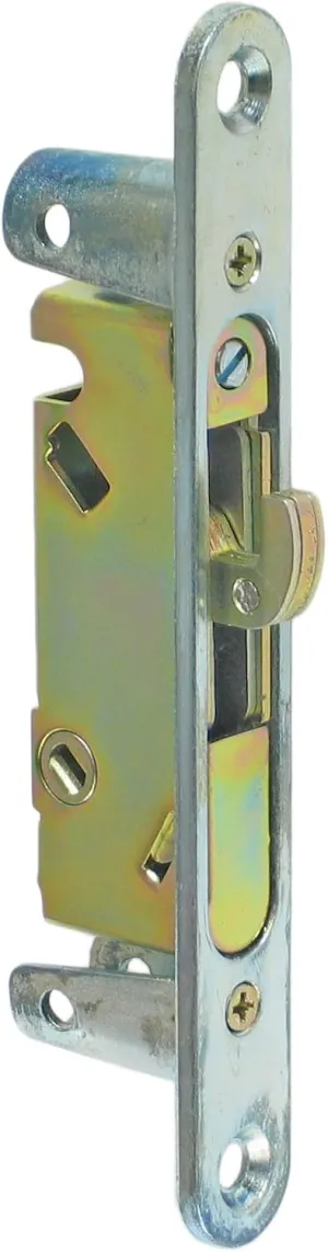 FPL #3-45-S Sliding Glass Door Replacement Mortise Lock with Security Adapter Plate, 5-3/8” Screw Holes, 45 Degree Keyway- Bright Zinc Plating