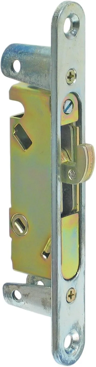 FPL #3-45-S Sliding Glass Door Replacement Mortise Lock with Security Adapter Plate, 5-3/8” Screw Holes, 45 Degree Keyway- Bright Zinc Plating