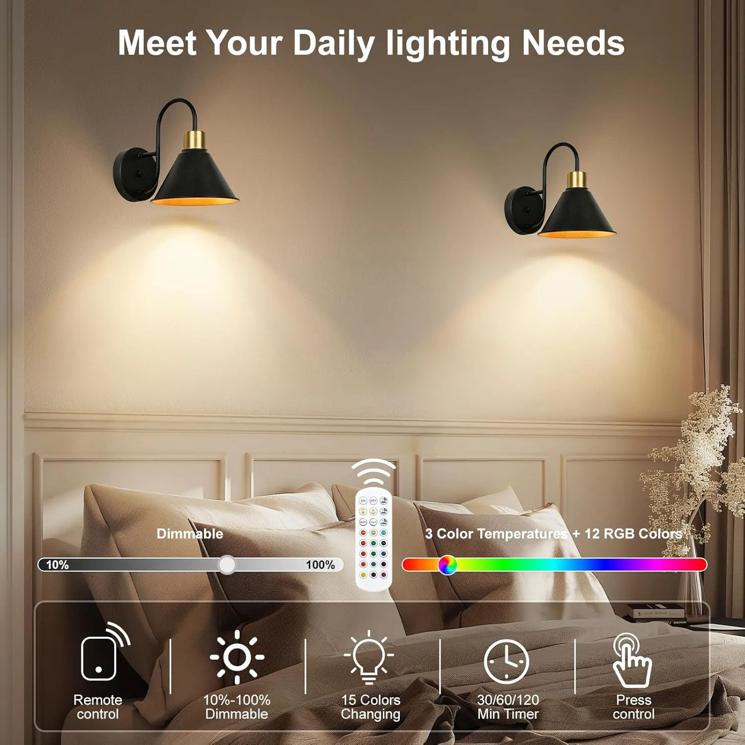 Frideko Rechargeable Battery Operated Wall Sconces Set of Two with Remote, RGB 15 Colors Dimmable Wireless Wall Light, Indoor Battery Powered Wall Lamp with Timer, Modern Wall Lighting for Living Room