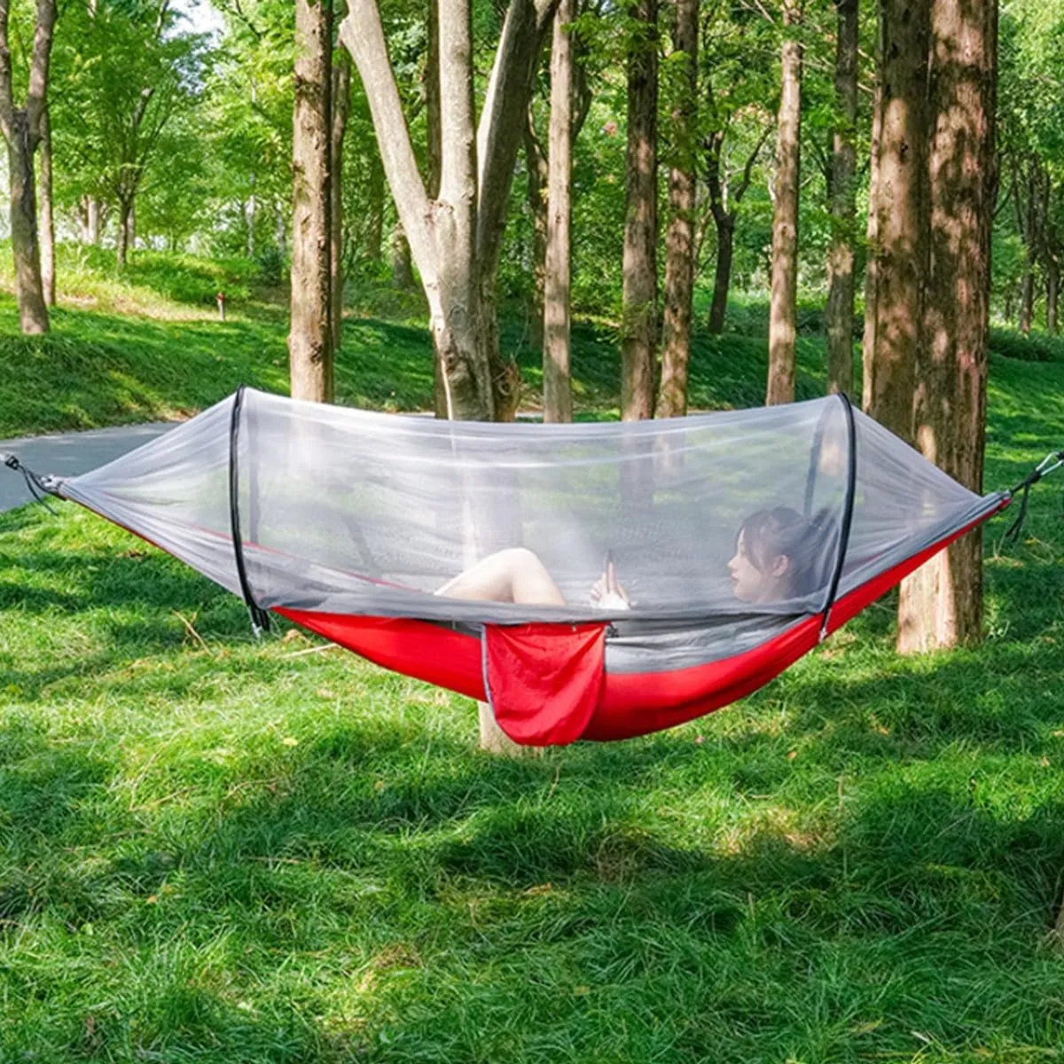 Full Coverage Zippered Portable Anti-Rollover Mosquito net Hammock with Strong Load-Bearing Capacity, Perfect for Backpacking and Hiking(red,260 * 140cm)