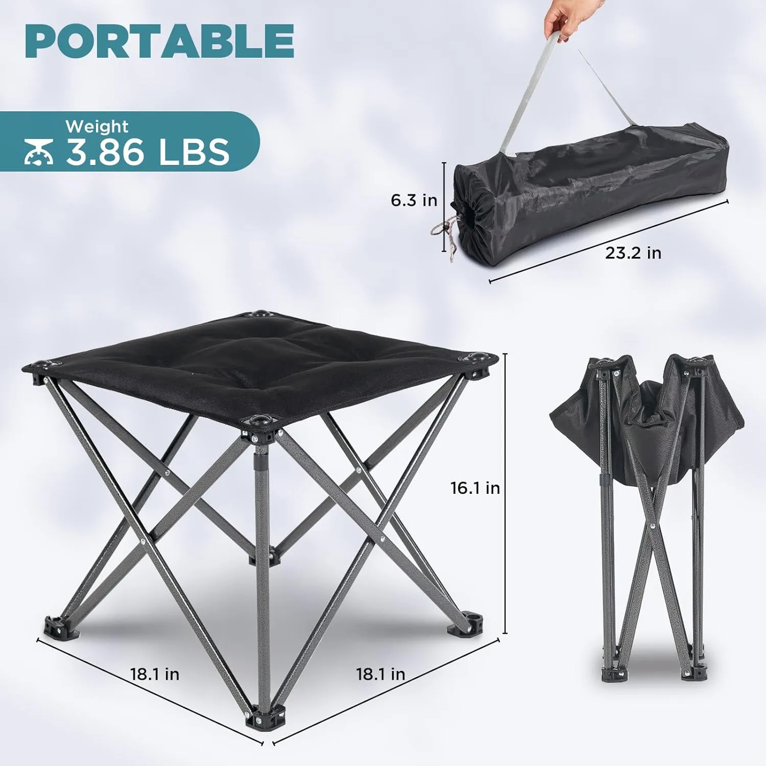 FUNDANGO Folding Camping Stool, 18.1 Inch Oversized Foot Stools 330 Lbs Heavy Duty Portable Padded Seat Anti-Slip Foots & Carry Bag for Fishing Outdoor Lawn Travel (Black)