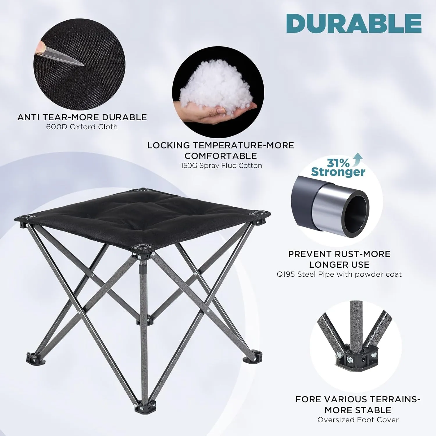 FUNDANGO Folding Camping Stool, 18.1 Inch Oversized Foot Stools 330 Lbs Heavy Duty Portable Padded Seat Anti-Slip Foots & Carry Bag for Fishing Outdoor Lawn Travel (Black)