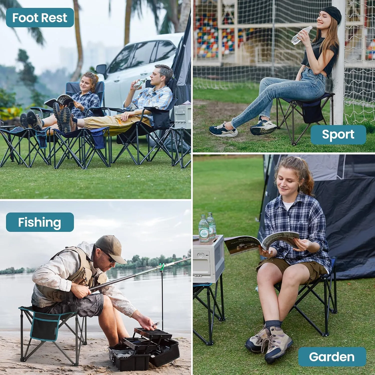 FUNDANGO Folding Camping Stool, 2 Pack 18.1 Inch Oversized Foot Rest 400 Lbs Heavy Duty Portable Padded Stools Seat Anti-Slip Foots & Carry Strap for Fishing Outdoor Lawn Travel (Grey)