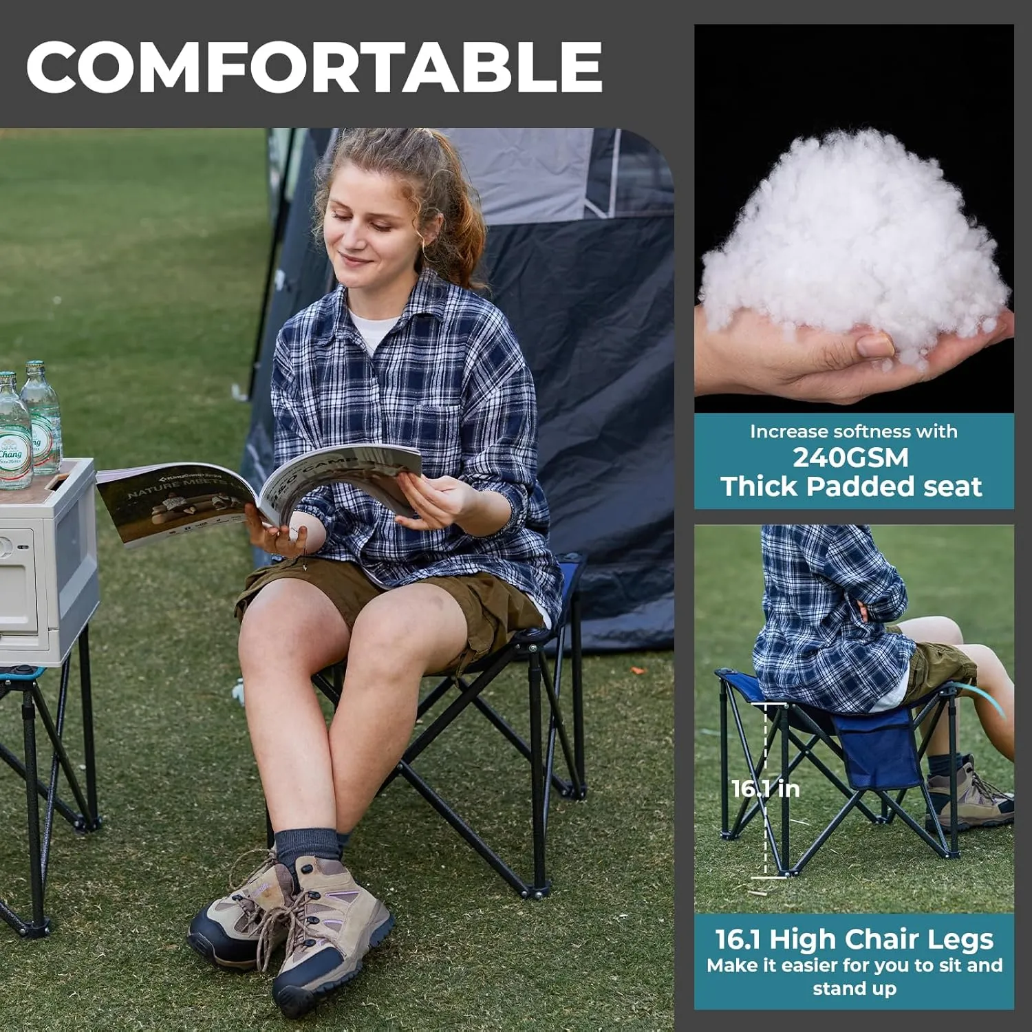 FUNDANGO Folding Camping Stool, 2 Pack 18.1 Inch Oversized Foot Rest 400 Lbs Heavy Duty Portable Padded Stools Seat Anti-Slip Foots & Carry Strap for Fishing Outdoor Lawn Travel (Grey)
