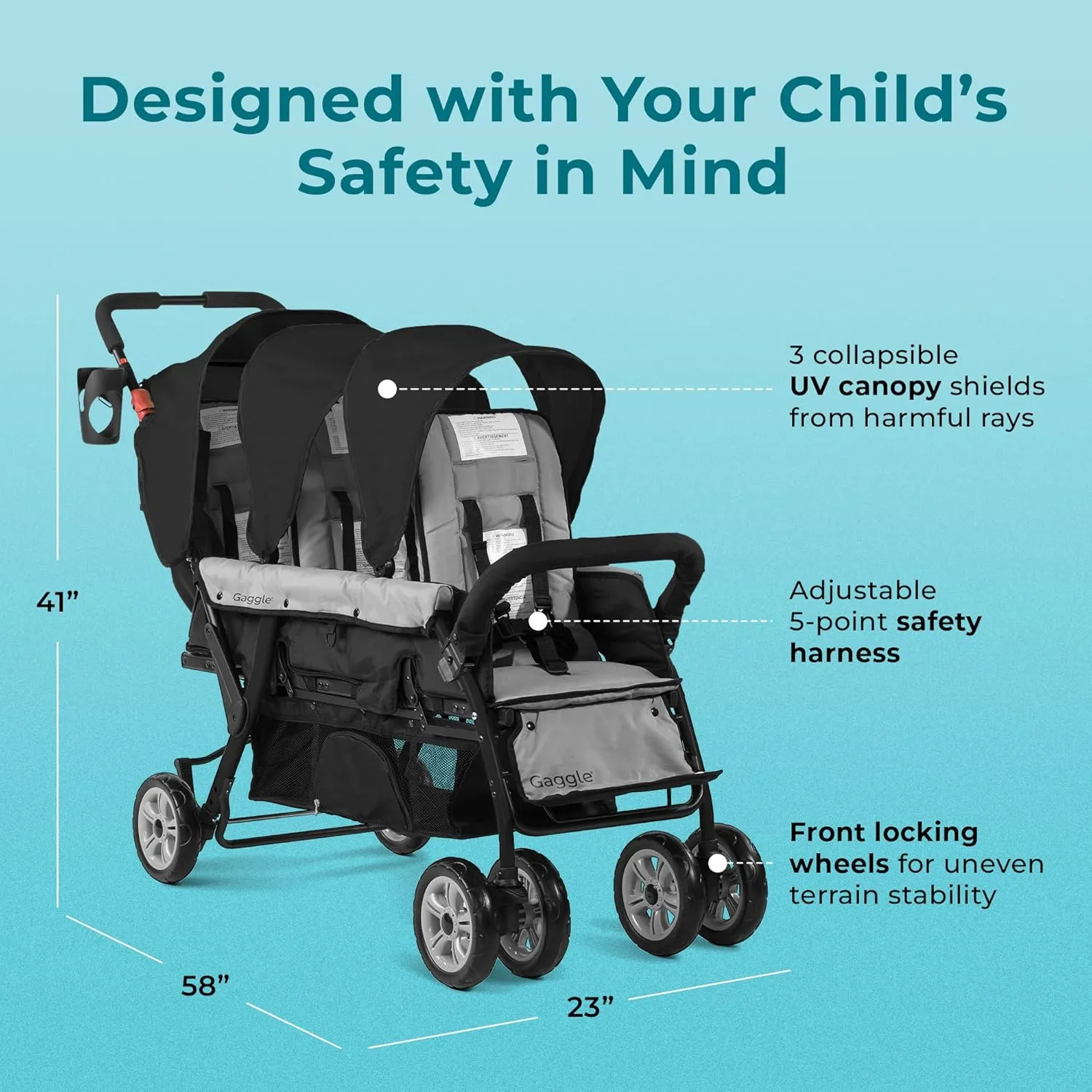 Gaggle by Foundations Compass 3 Seat Stroller | Triple Stroller for Infant and 2 Toddlers | Foot Brake | Shock-Absorbing All-Terrain Wheels | Easy Folding | Black