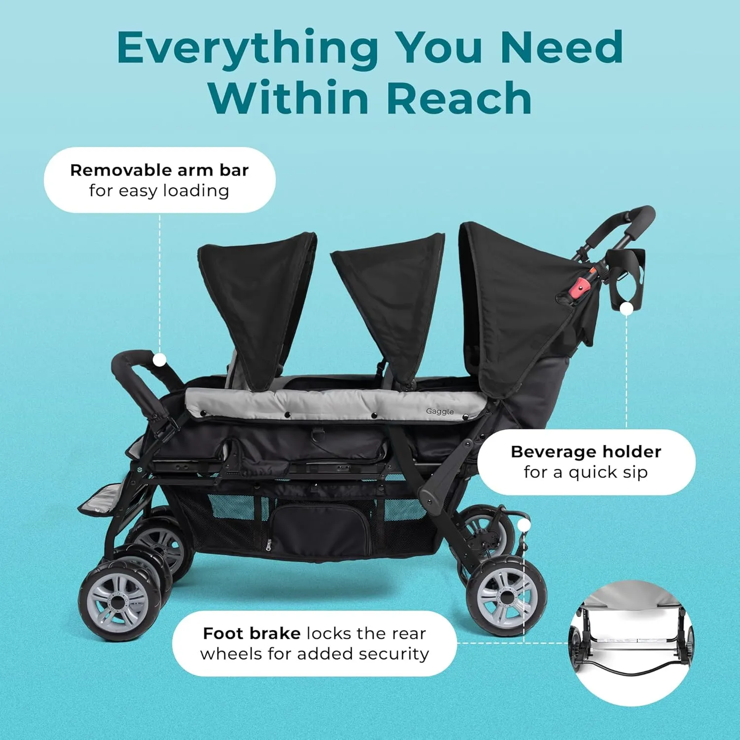 Gaggle by Foundations Compass 3 Seat Stroller | Triple Stroller for Infant and 2 Toddlers | Foot Brake | Shock-Absorbing All-Terrain Wheels | Easy Folding | Black