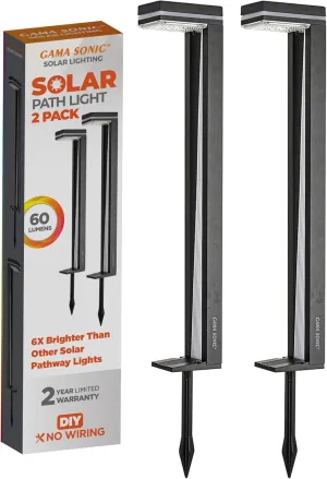 Gama Sonic Sentry Solar Outdoor Pathway Lamp, Heavy Duty Cast Aluminum, Modern Walkway Upright, Bright White 6000K 60 Lumen Blue Accent Light, Pack of 2, 92iP280082