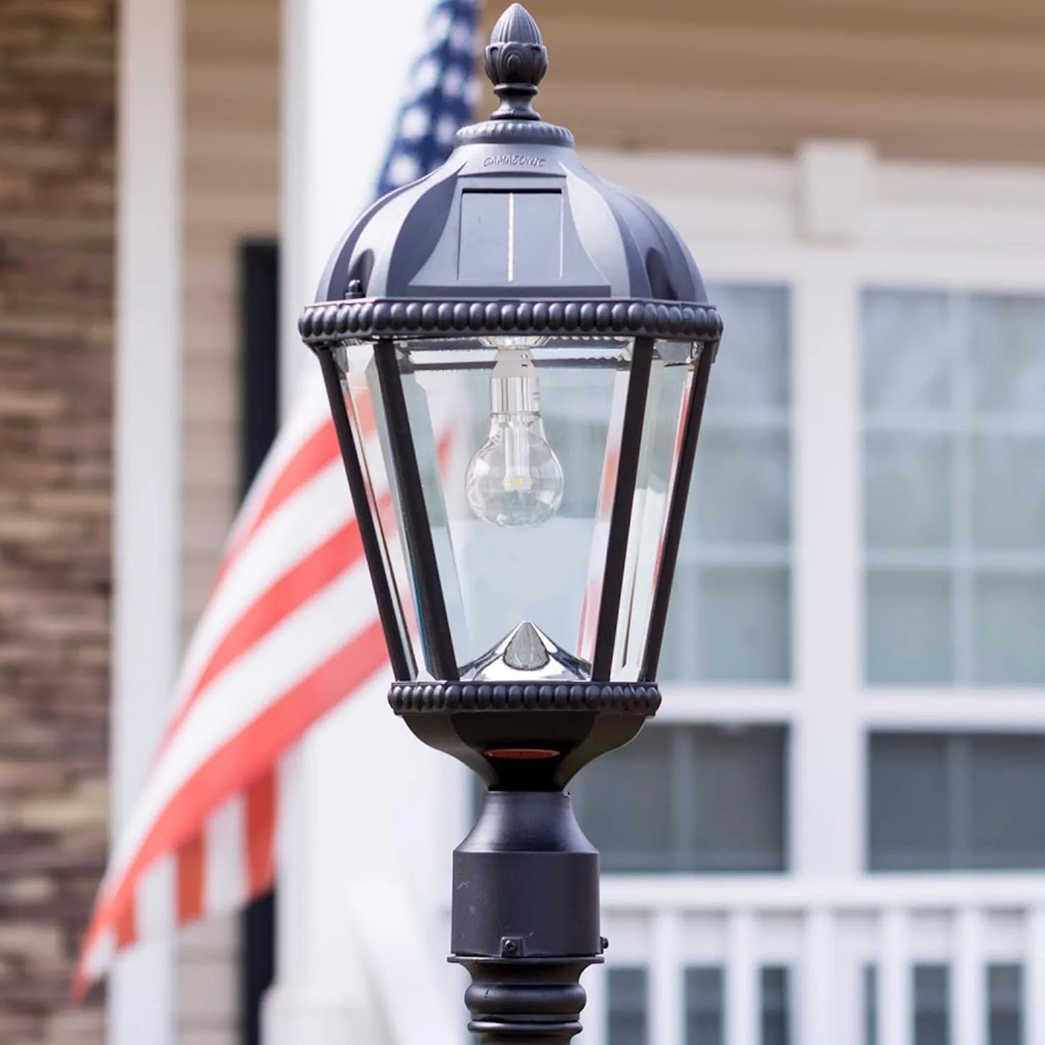 Gama Sonic Solar Outdoor Lamp Post Light, Black Cast Aluminum and Beveled Glass Panels, 10-Year Royal Bulb, Warm White LED with Omni-Direction Reflector, 87-inch Height, 98B001 (Upgraded Panel)
