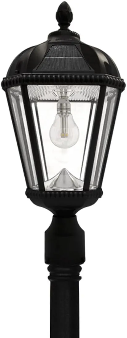 Gama Sonic Solar Outdoor Lamp Post Light, Black Cast Aluminum and Beveled Glass Panels, 10-Year Royal Bulb, Warm White LED with Omni-Direction Reflector, 87-inch Height, 98B001 (Upgraded Panel)