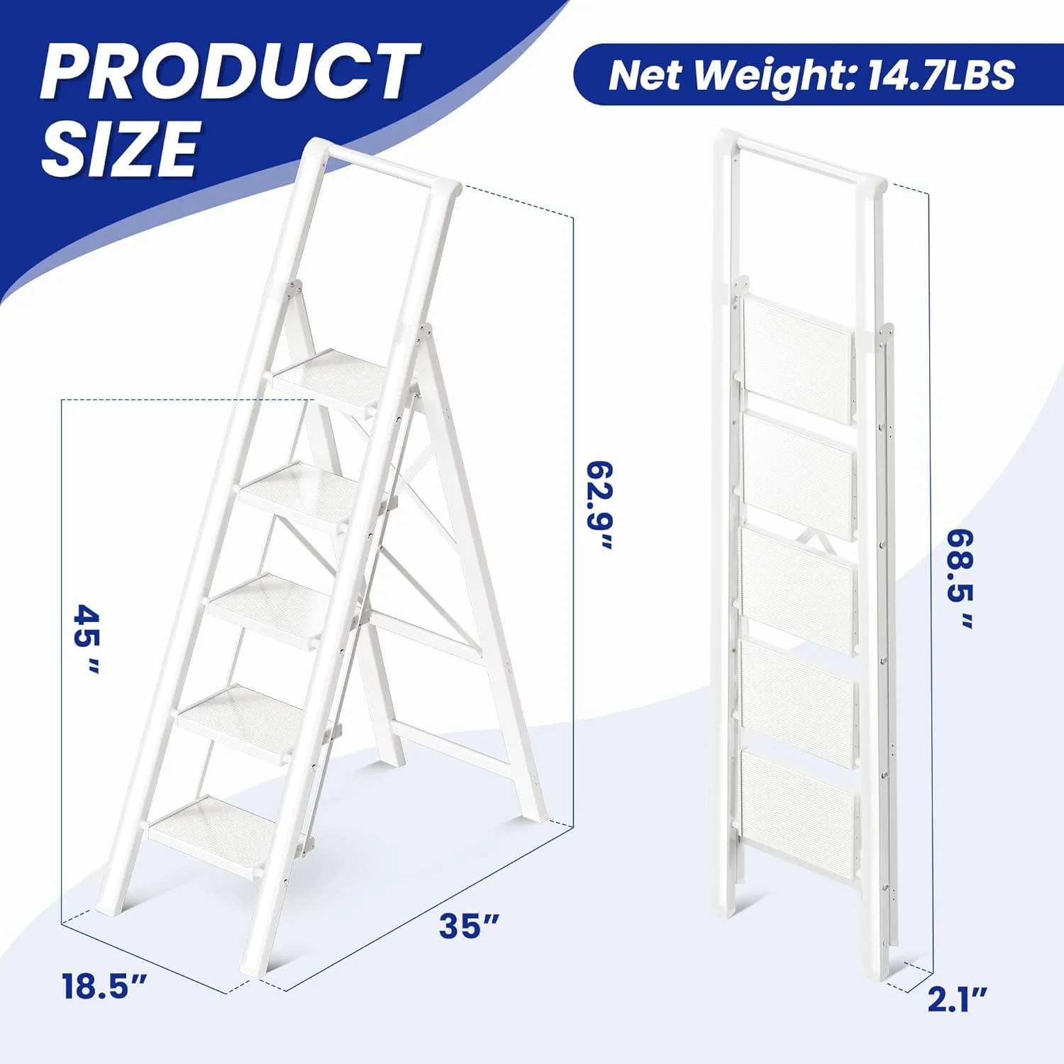 GameGem 5 Step Ladder, Foldable Step Stool, Aluminum Step Ladder with Anti-Slip Widened 7.9Inch Pedal, Tall Step Ladder for Reaching High, Suitable for Home Use, 330lbs Capacity, White