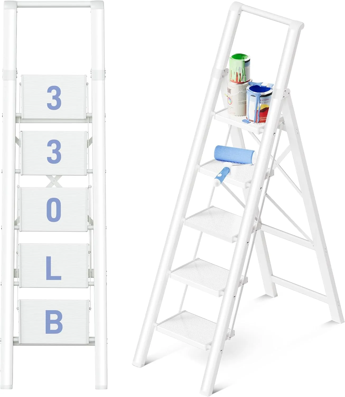 GameGem 5 Step Ladder, Foldable Step Stool, Aluminum Step Ladder with Anti-Slip Widened 7.9Inch Pedal, Tall Step Ladder for Reaching High, Suitable for Home Use, 330lbs Capacity, White