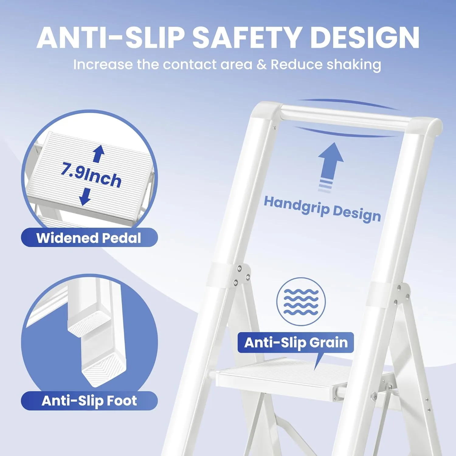 GameGem 5 Step Ladder, Foldable Step Stool, Aluminum Step Ladder with Anti-Slip Widened 7.9Inch Pedal, Tall Step Ladder for Reaching High, Suitable for Home Use, 330lbs Capacity, White