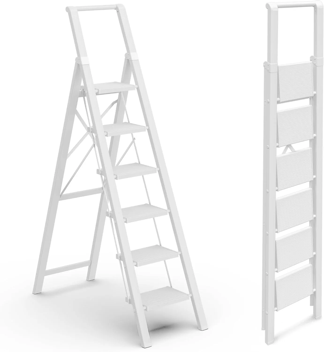 GameGem 6 Step Ladder for 12 Feet High Ceiling, Lightweight Aluminum Folding Step Stool with Convenient Handgrip, Stepladders with Anti-Slip and Wide Pedal for Home Use Space Saving - White